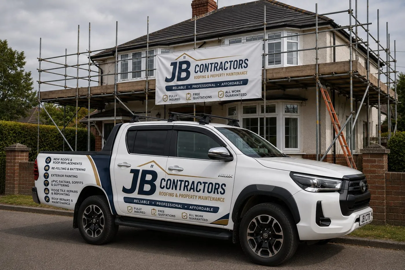 St Ives Roofing pickup truck on site at a scaffolded roofing job in St Ives